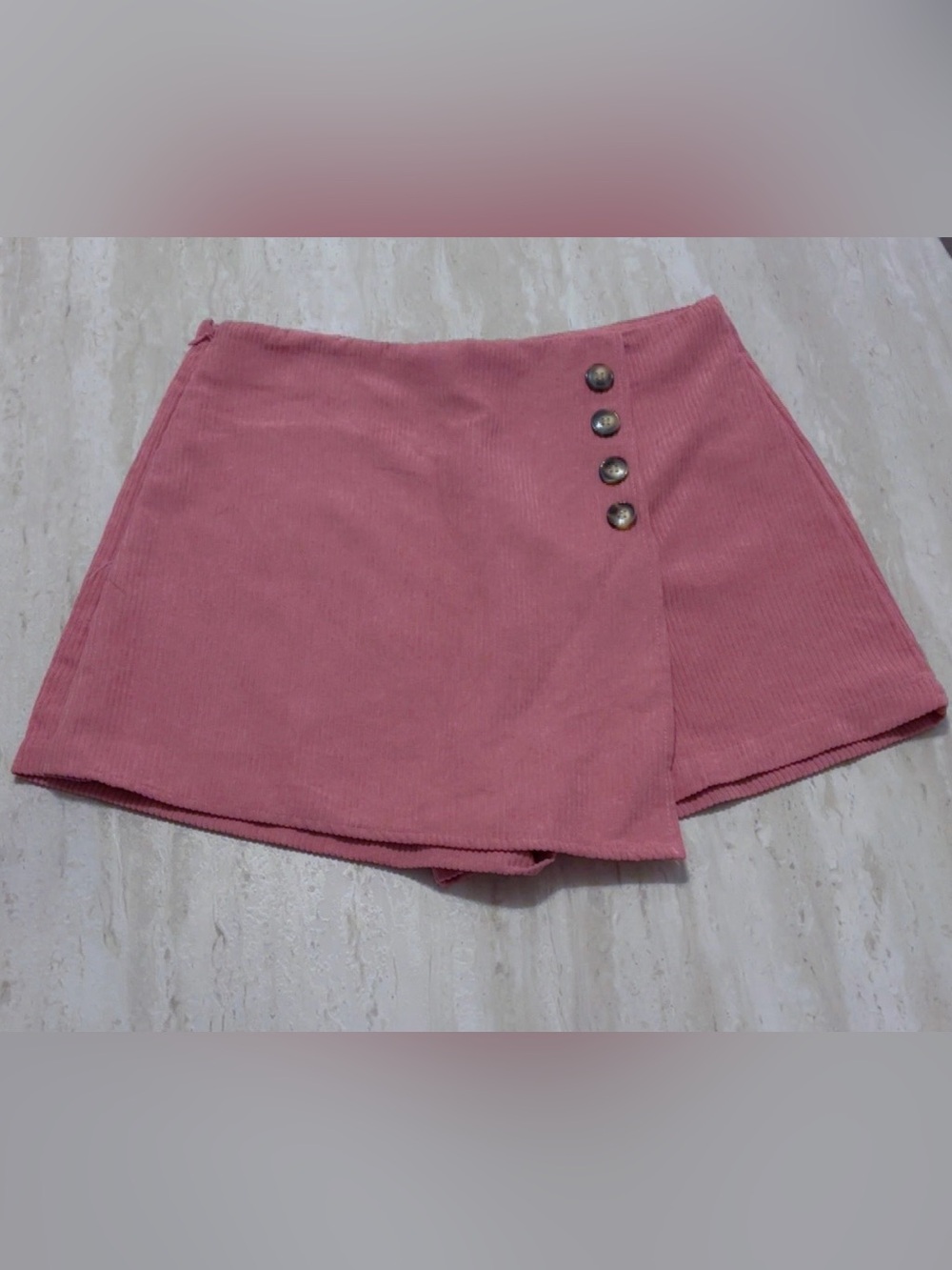 SHEIN Dusty Pink Corduroy Wrap Mini Skirt with Button Accent